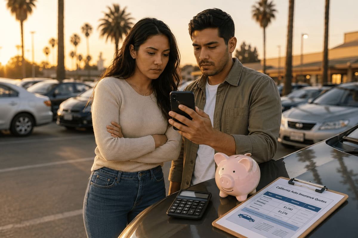 California driver comparing affordable auto insurance quotes by ZIP code, coverage, discounts and full-term cost