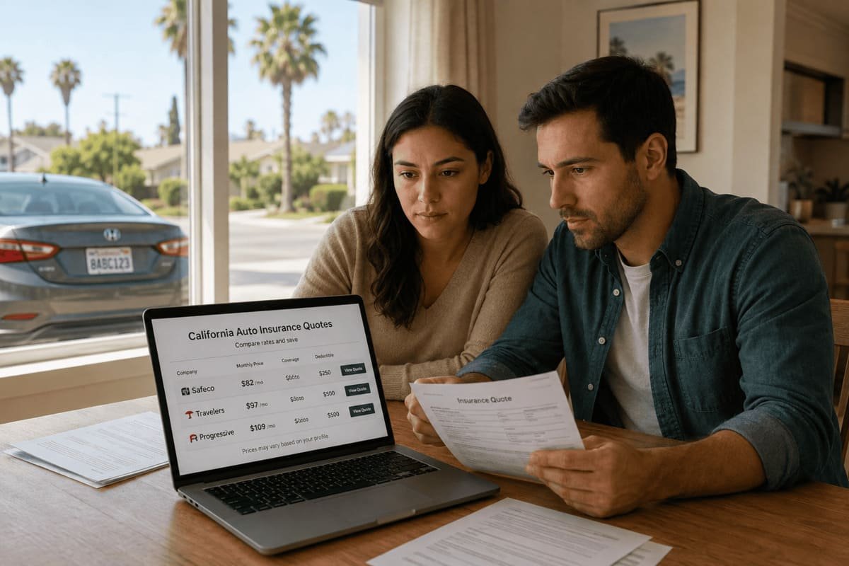 California driver comparing auto insurance rates by ZIP using matched coverage, deductibles, mileage and full-term premium
