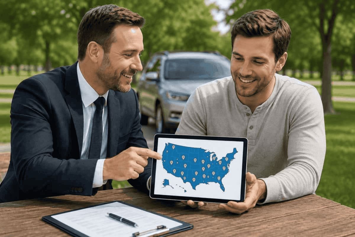 U.S. driver comparing the best auto insurance companies by ZIP code using matched coverage, carrier verification and a 100-point scorecard