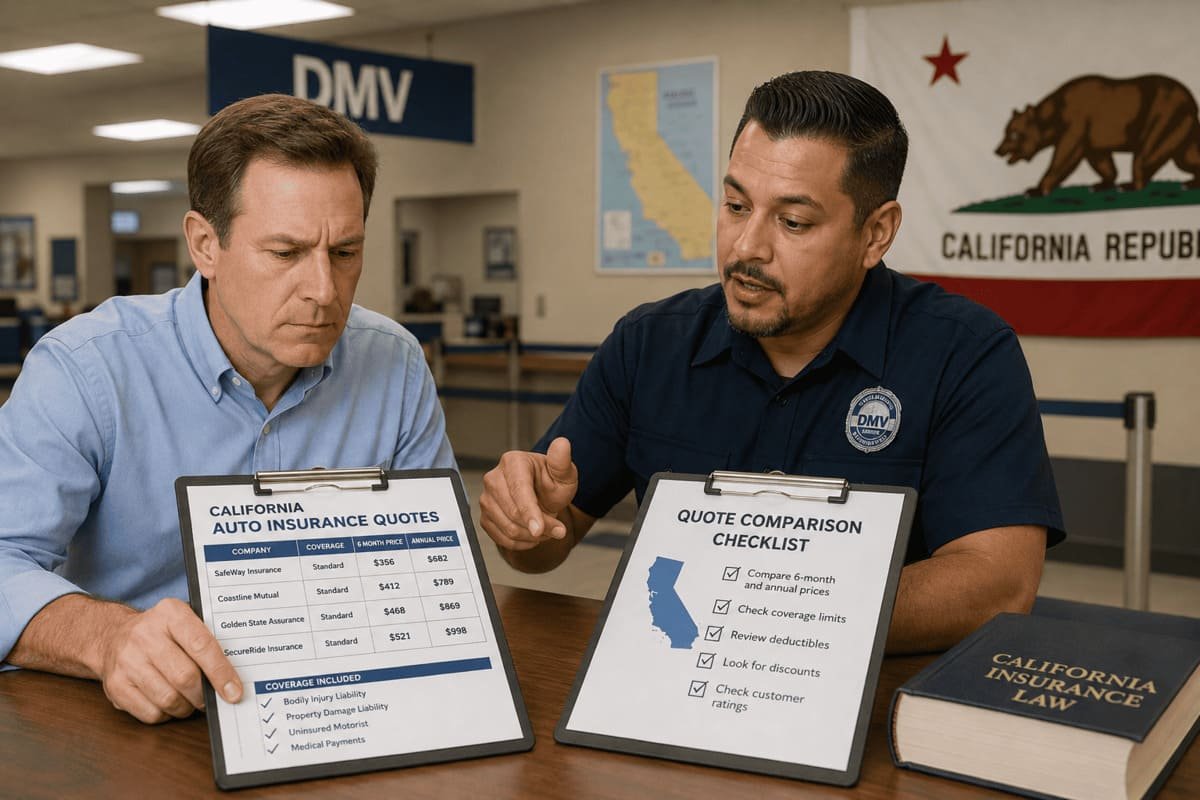 California auto insurance laws checklist showing 30/60/15 liability, DMV proof, SR-1 reporting and policy compliance