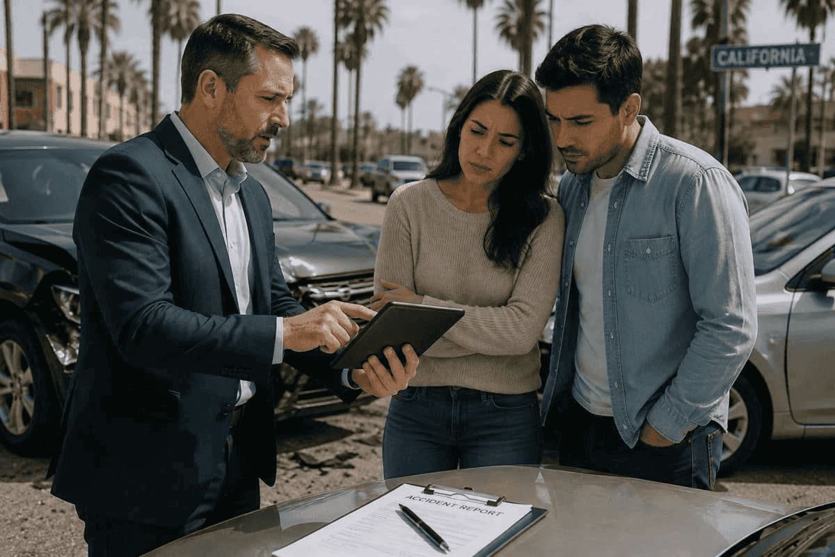 California driver managing an auto insurance claim by ZIP with accident evidence, adjuster review, repair estimate and settlement checklist