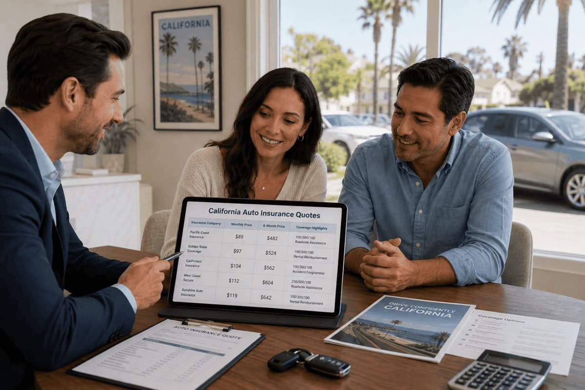 California driver reviewing auto insurance coverage options by ZIP including liability, UM/UIM, collision, comprehensive and deductibles