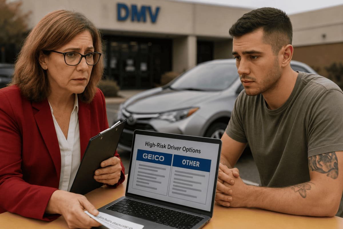 Driver comparing GEICO high-risk insurance, SR-22 filing, coverage, and quotes by ZIP