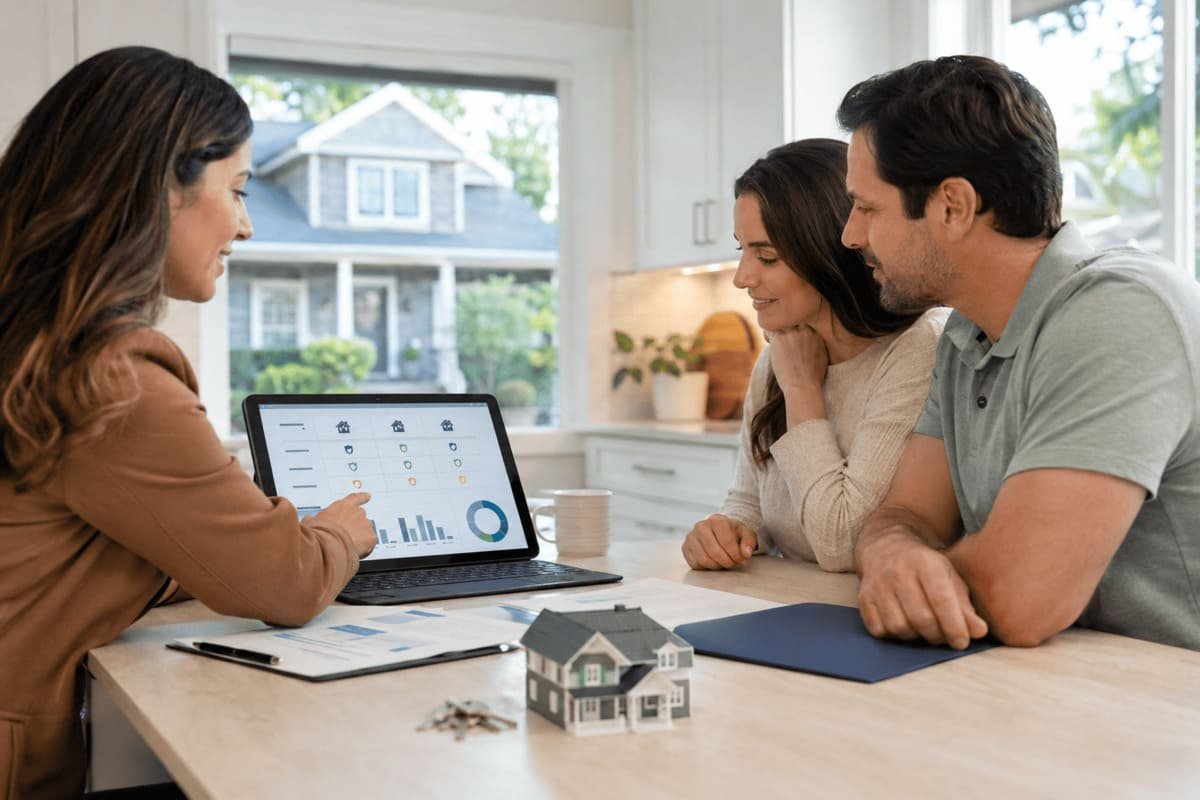 Homeowners comparing home insurance quotes by ZIP code with an insurance advisor